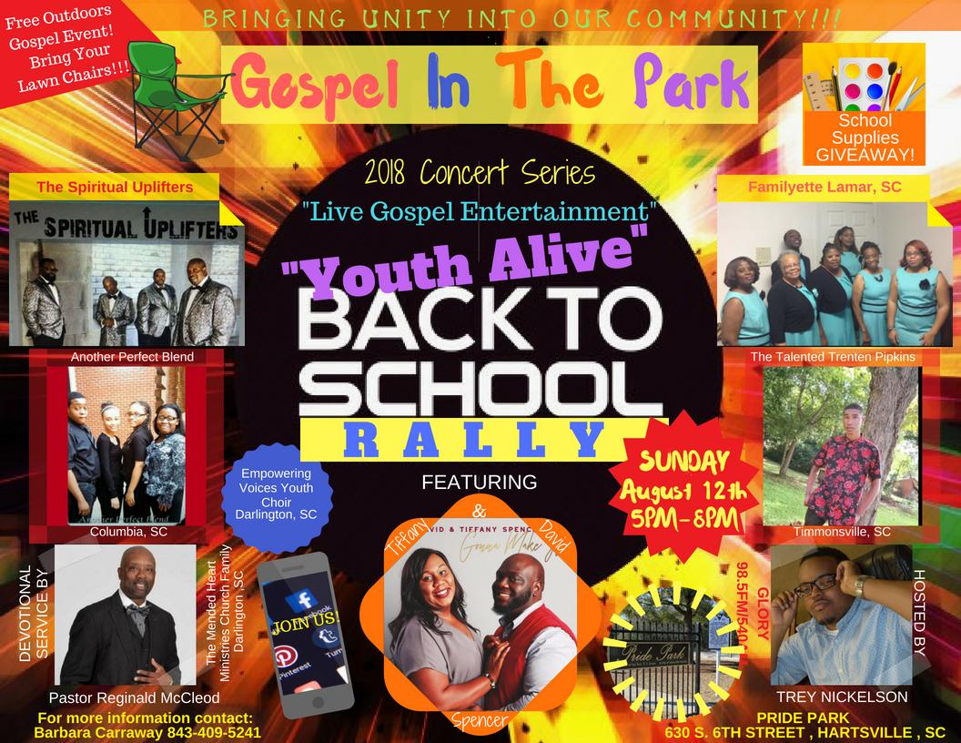 Gospel in the Park is August 12, 2018 from 5-8pm.
