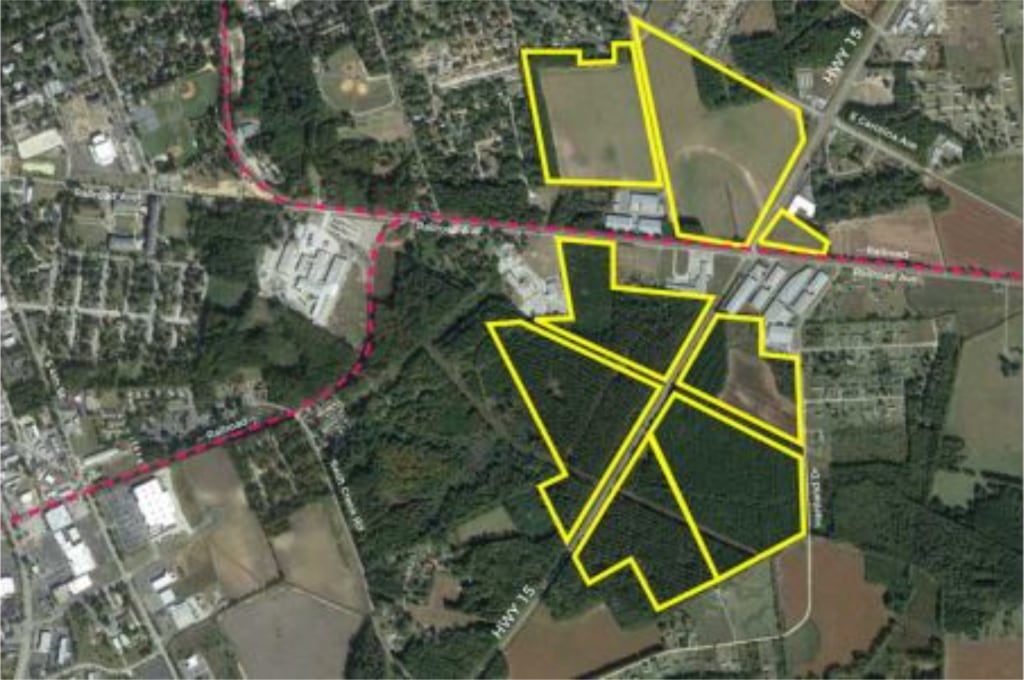 A satellite view of the Hartsville Industrial Park properties with an overlay of parcels.