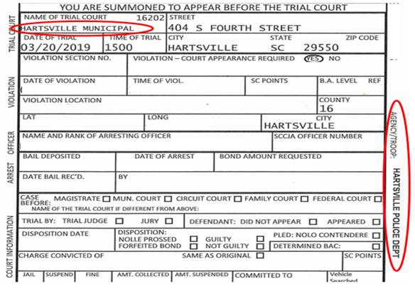 An example of a Hartsville Police Department Electronic Ticket. This is the only type of ticket that can be paid using this online form.